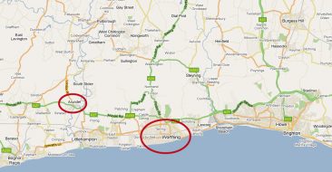 Mapa de situación de Worthing y Arundel en la costa sur inglesa